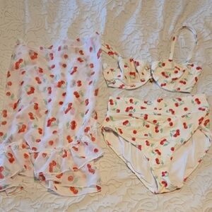 Cherry Print Bikini Set with Cover-Up